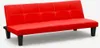 A red sofa bed with black legs against a white background.