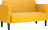 A bright yellow loveseat sofa with dark legs is shown against a white background.