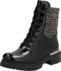 A black lace-up boot with a patterned cuff and gold trim. Voir les images du produit