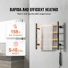 A bathroom towel warmer mounted on a tiled wall, with informational text overlays on the left. Voir les images du produit