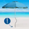 A blue beach umbrella with yellow trim stands on a sandy beach with the ocean and sky in the background. A close-up inset shows the screw-in base of the umbrella pole. Anteprima dell’immagine prodotto