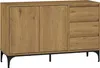 A wooden sideboard with two doors and three drawers on a black metal base. Voir les images du produit