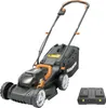 A cordless electric lawnmower and its charging station are shown against a white background. Produktbild-Vorschau