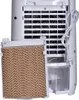 The back of a white air cooler is shown with a removable filter pad in the foreground and a water tank visible. Náhľad obrázku produktu