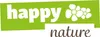 A green banner with the word "happy" and two stylized flowers, and below it, the word "nature" in a brown script font. Produktbild-Vorschau