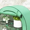 A close-up view of a green greenhouse with plants inside, showing shelves and pots. Voir les images du produit