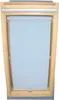 A roller blind for a VELUX skylight window, shown in a light blue color, installed within the wooden frame of the window. Produktbild-Vorschau