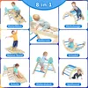 A collage of images showing different configurations and uses of a wooden indoor play structure for children. Podgląd zdjęcia produktu
