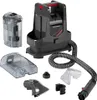 A collection of parts for a carpet and upholstery cleaner, including the main unit, a dustbin, a hose, and various attachments, laid out on a white background. Produktbild-Vorschau
