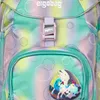 A close-up view of a colorful backpack with a bubble pattern and a unicorn patch. Podgląd zdjęcia produktu