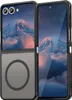 A black protective case for a foldable smartphone, shown open with a mountain landscape displayed on both screens. Produktbild-Vorschau