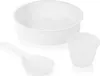 A white rice cooker inner pot, a rice paddle, and a measuring cup are arranged on a white background. Produktbild-Vorschau