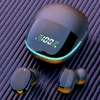 A pair of black wireless earbuds and their charging case are displayed on a ribbed purple background. Produktbild-Vorschau
