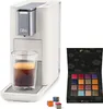 A white Tchibo Qbo coffee machine with a glass of espresso and a box of coffee capsules. Produktbild-Vorschau
