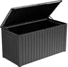 An open, dark gray storage box with a ribbed interior and lid, shown from a slightly elevated side angle. Produktbild-Vorschau