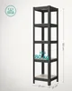 A tall, narrow, five-tier black metal shelving unit with wooden shelves, shown against a plain light grey background. Dimensions and weight capacity information are overlaid on the image. Produktbild-Vorschau