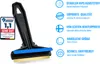 A black ice scraper with a blue rubber blade and a gold scraping edge, presented with marketing text and icons on a white background. Produktbild-Vorschau
