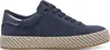 A single blue sneaker with a woven platform sole, shown from the side against a white background. Produktbild-Vorschau