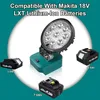 A product image showing a cordless work light and compatible Makita batteries, with text overlay highlighting compatibility. Produktbild-Vorschau