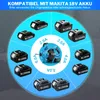 A circular diagram showing various Makita 18V batteries and a drain cleaning machine, with text indicating compatibility. Produktbild-Vorschau
