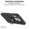 A black phone case with a ring stand is shown from a side angle, with text describing its features. Produktbild-Vorschau