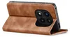 A brown flip case for a smartphone is shown open, revealing the phone's camera module. Produktbild-Vorschau
