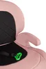 A close-up view of a pink car seat with black quilted fabric and a green buckle. Produktbild-Vorschau