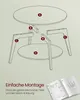 An exploded view diagram of a table assembly with labeled parts, accompanied by text about easy assembly and an open instruction manual. Produktbild-Vorschau