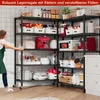 A woman is pushing a black metal shelving unit filled with kitchen items. The shelving unit is in a kitchen or storage area with white tiled walls. Produktbild-Vorschau