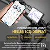 A hand holding a smartphone displaying an e-bike app next to the e-bike's handlebar display. Produktbild-Vorschau