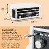 A product image showing a retro record player with dimensions and feature icons. Produktbild-Vorschau