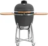 A gray ceramic kamado grill with wooden side shelves, shown on a white background. Produktbild-Vorschau