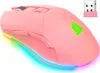 A pink wireless gaming mouse with RGB lighting and a green logo, shown with its USB receiver. Produktbild-Vorschau