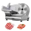A VEVOR electric meat slicer is shown on a white background, with raw meat and sliced ham displayed in the foreground. Náhled obrázku produktu
