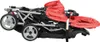 A folded red and black tandem stroller is shown against a white background. Náhled obrázku produktu