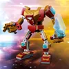 A LEGO Iron Man mech figure is shown against a colorful, abstract background. Náhled obrázku produktu
