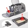 A collage of images showing a portable cat carrier with a litter box attachment, a cat inside, and a litter scoop. Another image shows the litter box separately, and a third shows the folded carrier. Náhled obrázku produktu