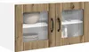 A white and wood cabinet with glass doors, displaying dishes and glassware inside. Náhľad obrázku produktu