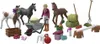 A collection of toy farm animals and accessories, including horses, a girl, a wheelbarrow, and various farm tools. Produktbild-Vorschau
