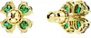 Two close-up views of a pair of gold clover-shaped stud earrings with green gemstones. Produktbild-Vorschau