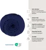 A rolled-up dark blue fitted sheet is shown next to a list of product features and certifications. Produktbild-Vorschau