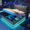 A modern bedroom with a bed featuring integrated LED lighting and storage. Produktbild-Vorschau