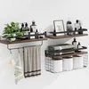 Two wooden shelves with black metal frames mounted on a white wall, displaying various bathroom accessories. Produktbild-Vorschau