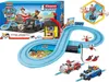 A collage of a Paw Patrol Carrera First slot car race track set, showing the packaging, the track, cars, and accessories. Voir les images du produit
