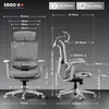 Diagram showing the dimensions and features of an ergonomic office chair. Voir les images du produit