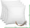 Four white square cushions are stacked and slightly offset, with a feather in the foreground. Dimensions are indicated. Produktbild-Vorschau