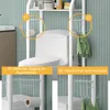 A bathroom shelving unit next to a toilet, showing two features highlighted with numbered circles and text. Produktbild-Vorschau