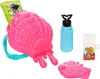 A collection of toy accessories, including a pink brain-shaped container, a green tube, a blue bottle, and a white mug with a design. Produktbild-Vorschau