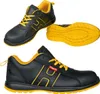A collage of three views of a black and yellow work shoe. Produktbild-Vorschau