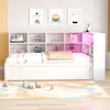 A white daybed with a bookshelf headboard is shown in a bedroom setting. Produktbild-Vorschau